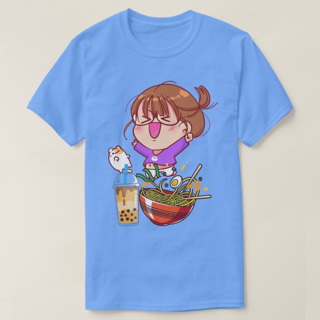 Camiseta Funny Kawaii Girl Cat Eating Ramen And Boba Milk T (Diseño del anverso)