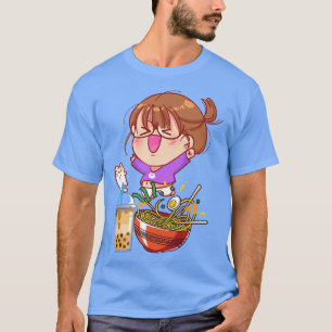 Camiseta Funny Kawaii Girl Cat Eating Ramen And Boba Milk T