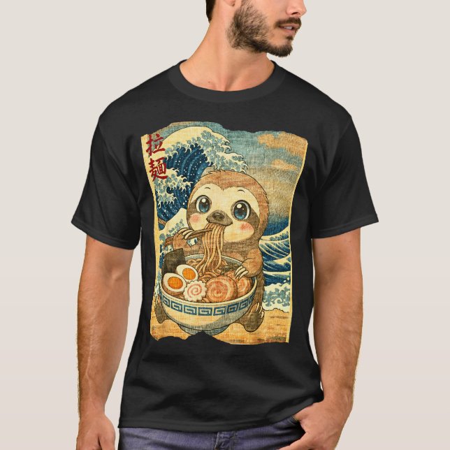 Camiseta Funny Kawaii Sloth Ramen Noodle Bowl Japanese Wave (Anverso)