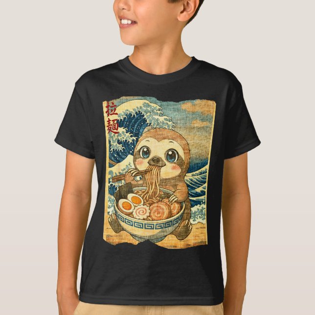 Camiseta Funny Kawaii Sloth Ramen Noodle Bowl Japanese Wave (Anverso)