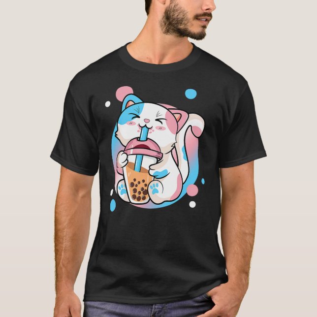 Camiseta Funny Kawaii Transgender Bubble Tea Cat LGBT Ally  (Anverso)