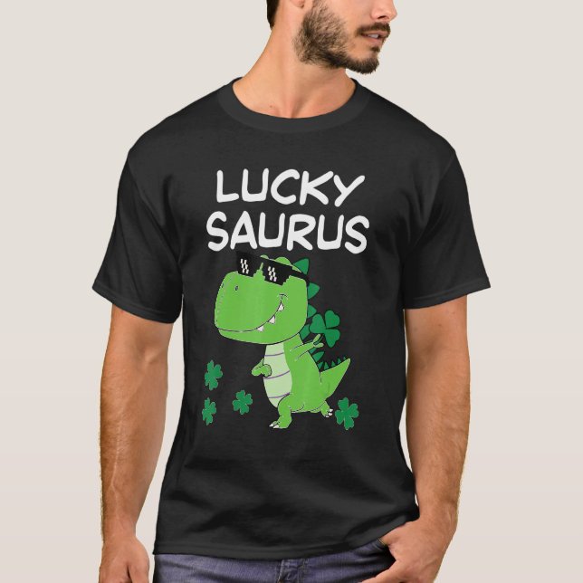 Camiseta Funny Lucky Saurus Dinosaur Irish Shamrock St Patr (Anverso)