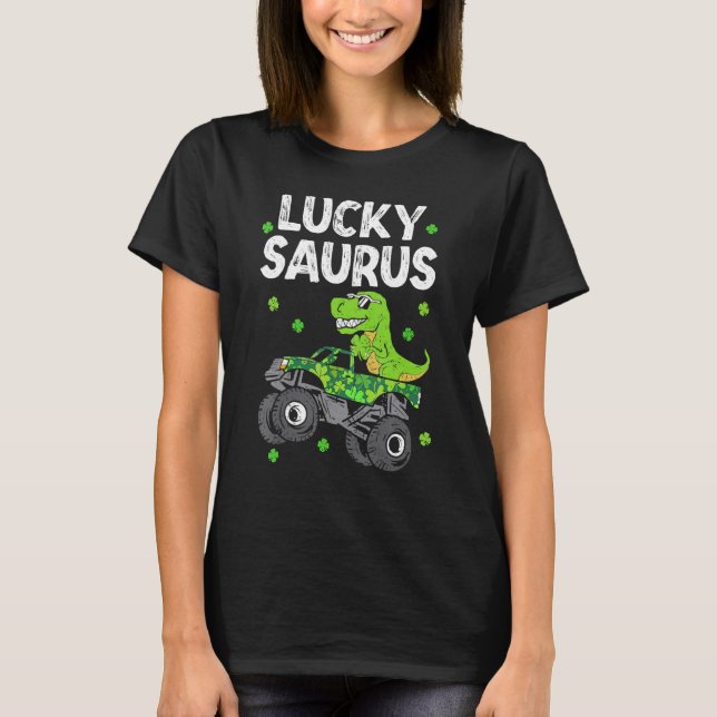 Camiseta Funny Lucky Saurus T Rex Monster Trucks Patricks D (Anverso)