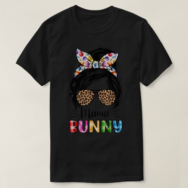 Camiseta Funny Mama Bunny Leopard Messy Bun Easter Day Fami (Diseño del anverso)