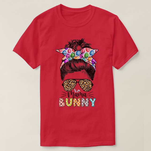 Camiseta Funny Mama Bunny Leopard Messy Bun Happy Easter Da (Diseño del anverso)