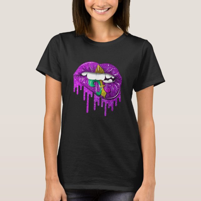 Camiseta Funny Mardi Gras Carnival Purple Gold Lips Dripped (Anverso)