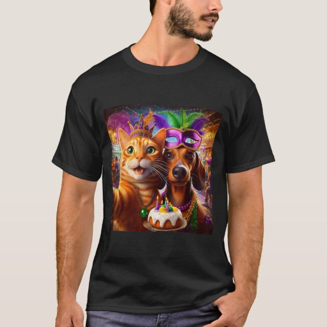 Camiseta Funny Mardi Gras Cat Dachshund Selfie Squad  (Anverso)