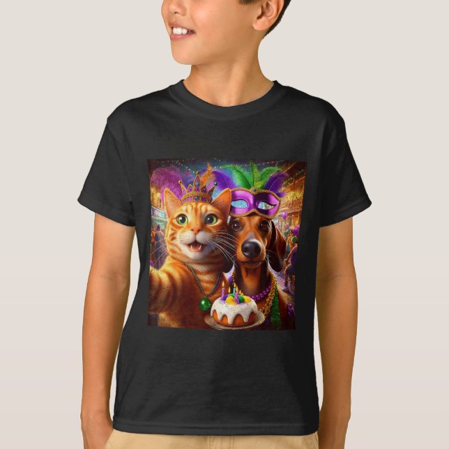 Camiseta Funny Mardi Gras Cat Dachshund Selfie Squad  (Anverso)