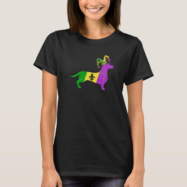 Camiseta Funny Mardi Gras Dachshund Dog Mardi Gras Hat Bead (Anverso)