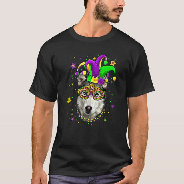 Camiseta Funny Mardi Gras Siberian Husky Dog Beads Mask Mar (Anverso)