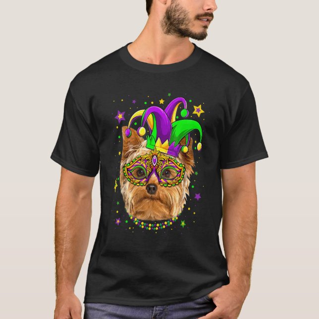 Camiseta Funny Mardi Gras Yorkshire Terrier Dog Beads Mask  (Anverso)