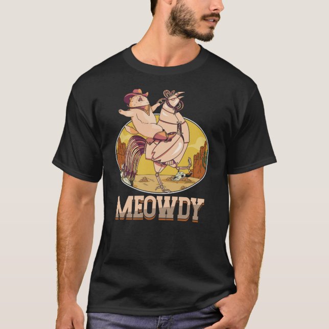 Camiseta Funny Meowdy  Cat Riding Robot Chicken  Cowboy Wil (Anverso)