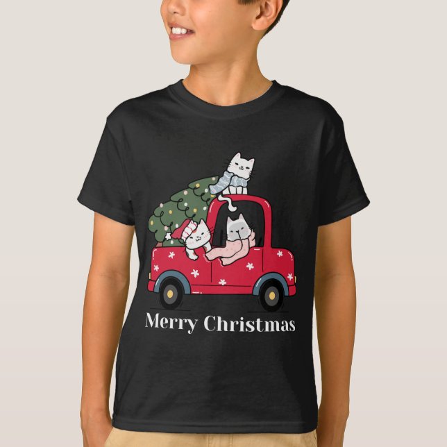 Camiseta Funny Merry Christmas Red Truck Cat (Anverso)