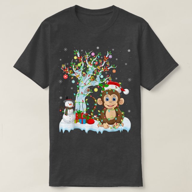 Camiseta Funny Monkey Xmas Tree Lighting Santa Hat Monkey C (Diseño del anverso)