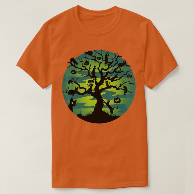 Camiseta Funny Moon Black Cats Pumpkin Tree Moon Halloween  (Diseño del anverso)