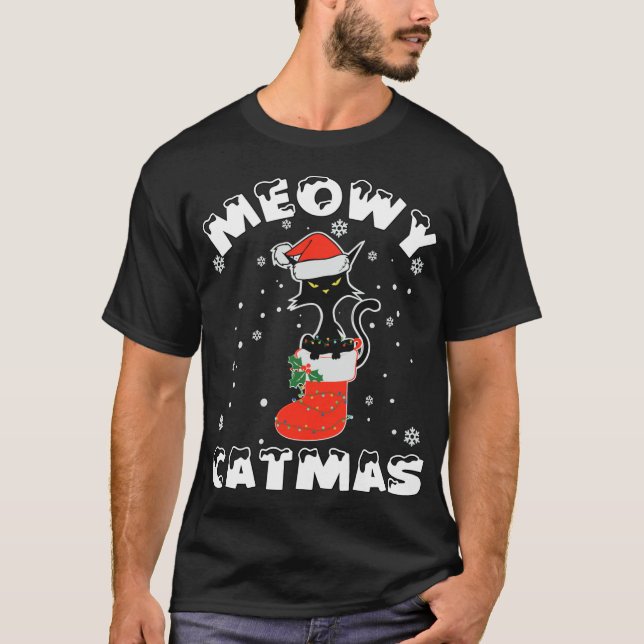 Camiseta Funny Navidades de gato negro iluminan a Merry Meo (Anverso)