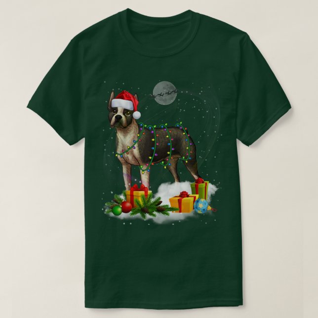 Camiseta Funny Navidades de Perros Terrier de Boston ilumin (Diseño del anverso)
