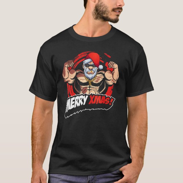 Camiseta Funny Navidades Santa Claus Muscles Gym, Merry Lif (Anverso)