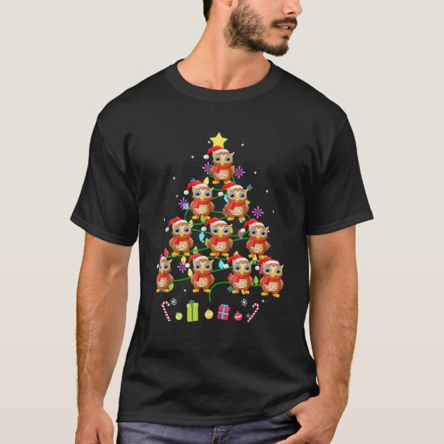 Camiseta Funny Owl Christmas Tree Color Led Light (Anverso)