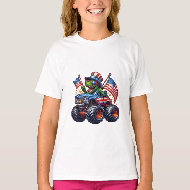 Camiseta Funny Patriotic Dinosaur T Rex On Monster Truck  (Anverso)