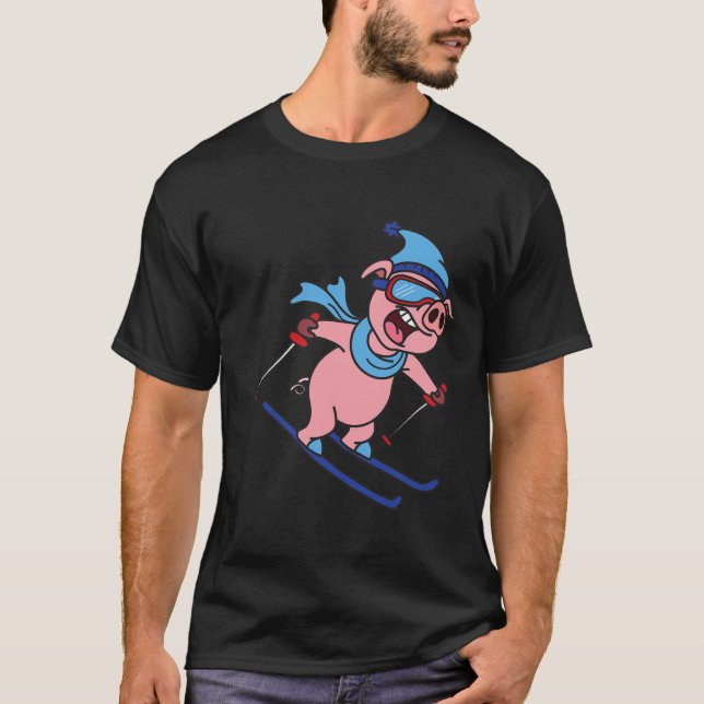 Camiseta Funny Pig Go Skiing Design Gift Winter Holidays  (Anverso)