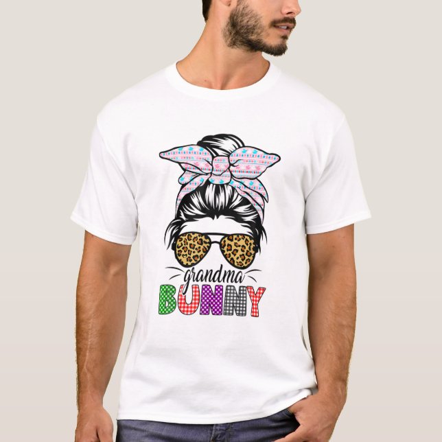 Camiseta Funny Plaid Messy Bun Grandma Bunny Easter Leopard (Anverso)