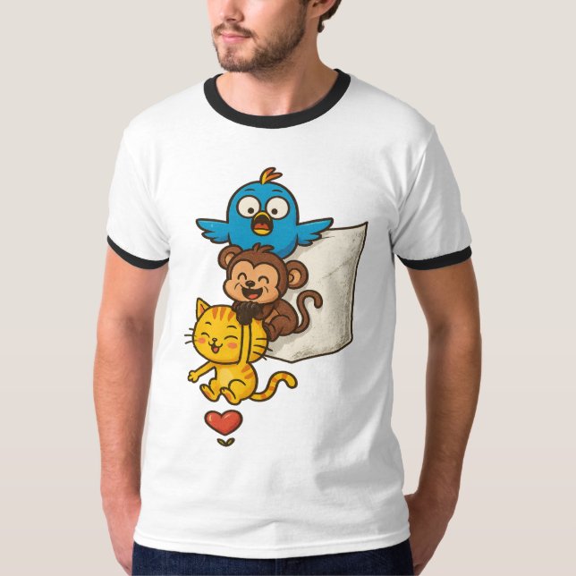 Camiseta Funny Pocket Cartoon Trio – Cute Hanging T-Shirt (Anverso)