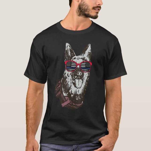 Camiseta Funny Police Dog Usa Flag Sunglasses Police Office (Anverso)