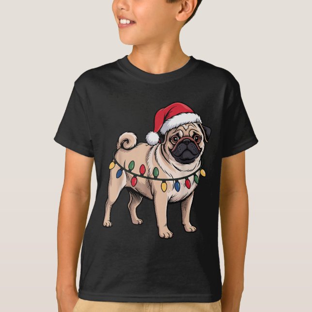 Camiseta Funny Pug Christmas Santa Hat Xmas Lights  (Anverso)