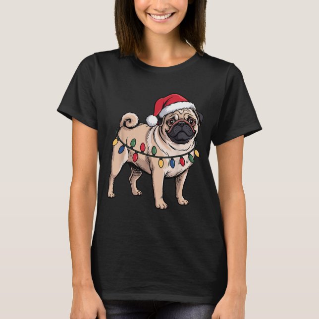 Camiseta Funny Pug Christmas Santa Hat Xmas Lights  (Anverso)