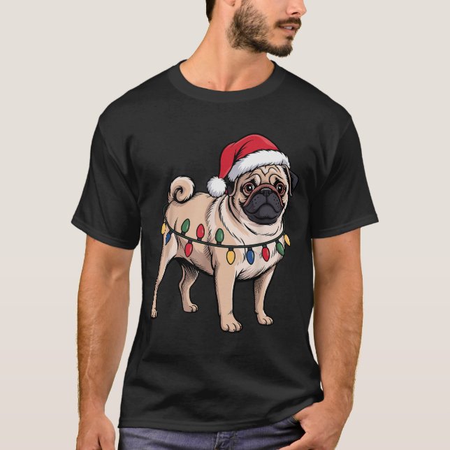 Camiseta Funny Pug Christmas Santa Hat Xmas Lights  (Anverso)