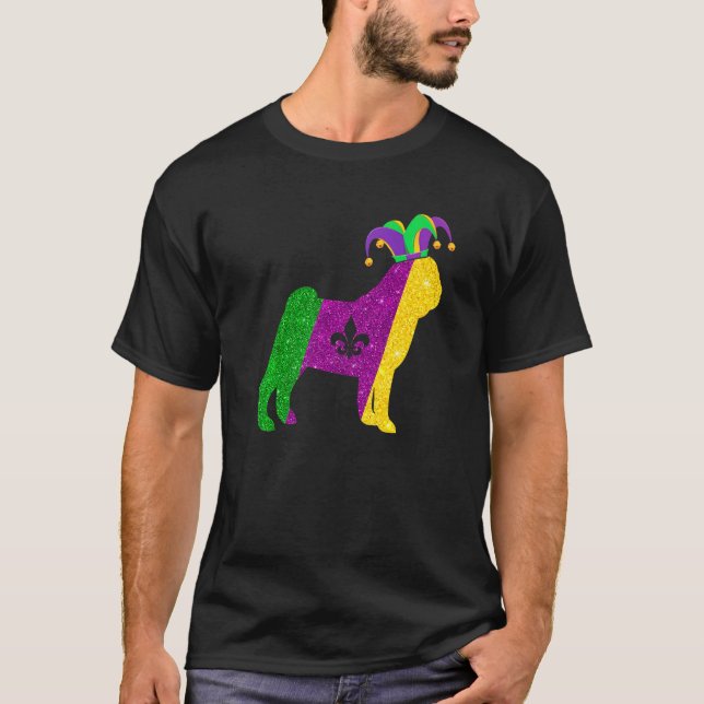Camiseta Funny Pug Dog Mardi Gras Party Mask Beads Dog Prem (Anverso)