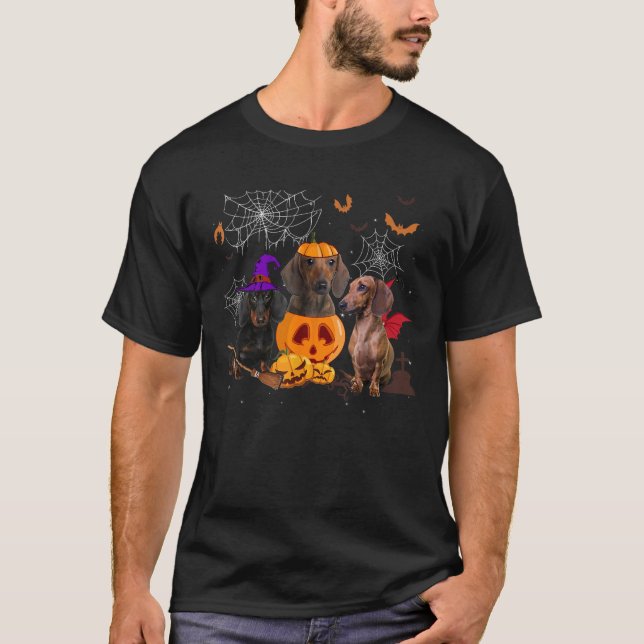 Camiseta Funny Pumpkin Witch Dachshund Matching Dog Hallowe (Anverso)