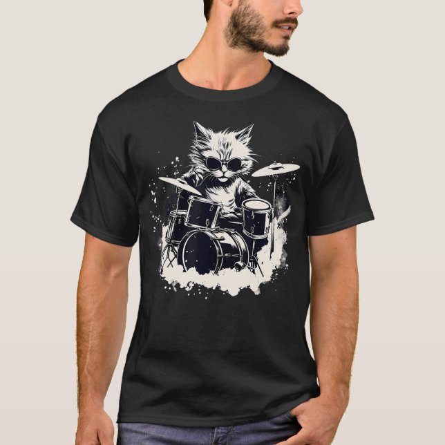 Camiseta Funny Punk Kitten Kitty Cat Drummer Playing Drums (Anverso)