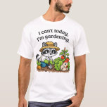 Camiseta Funny Raccoon Gardening – I Can’t Today I’m Garden<br><div class="desc">Funny raccoon gardening design featuring the phrase “I can’t today, I’m gardening.” A relaxed raccoon tends a vegetable garden while a cautious hen hides in the lettuce, protecting her egg. A lighthearted illustration for gardeners, backyard growers, homesteaders, and anyone who would rather spend the day planting and tending the garden....</div>