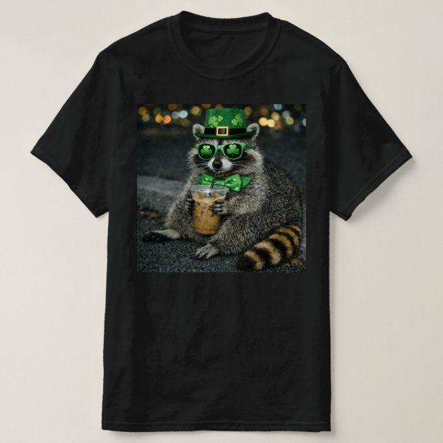 Camiseta Funny Raccoon Iced Coffee St. Patrick's Day , Retr (Diseño del anverso)