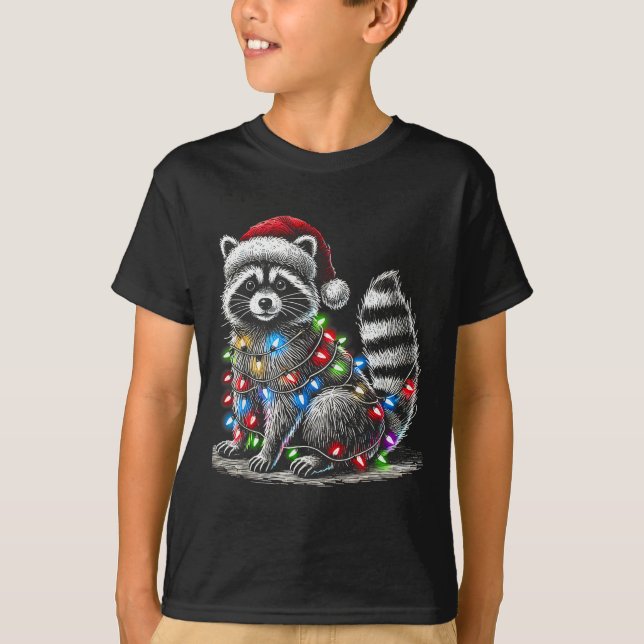 Camiseta Funny Raccoon Santa Hat Christmas Tree Lights Paja (Anverso)