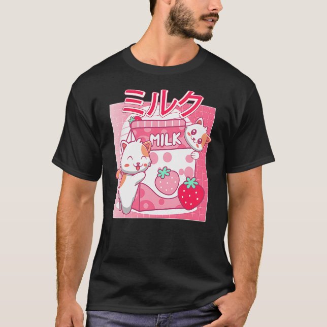 Camiseta Funny Retro 90s Kawaii Cat Strawberry Milk Japanes (Anverso)