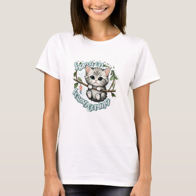 Camiseta funny retro kitty cat HANG ON FRIDAYS COMING work (Anverso)