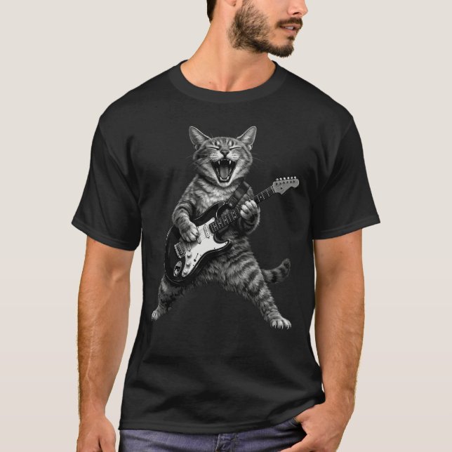 Camiseta Funny Rock and Roll Cat Playing Electric Guitar (Anverso)