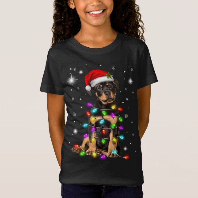 Camiseta Funny Rottweiler Dog Santa Hat Navidades alumbran  (Anverso)