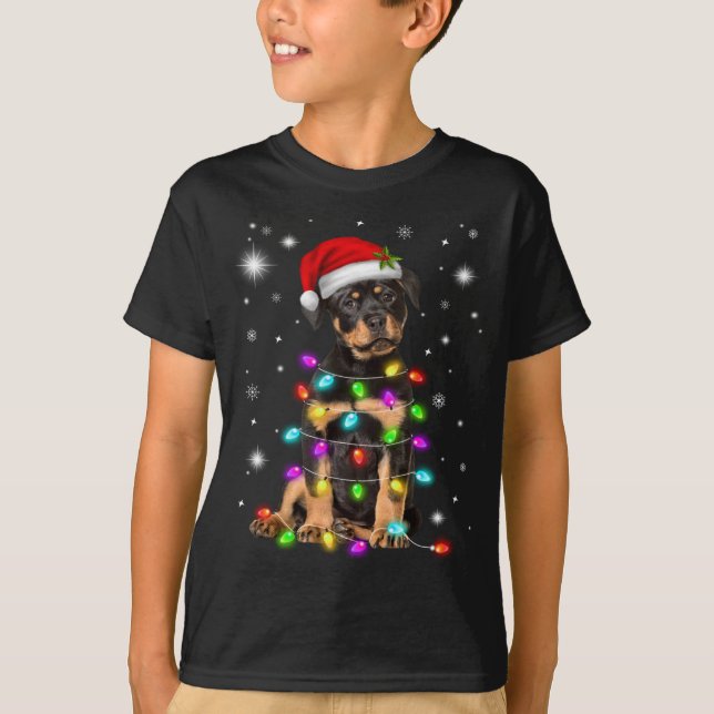 Camiseta Funny Rottweiler Dog Santa Hat Navidades alumbran  (Anverso)