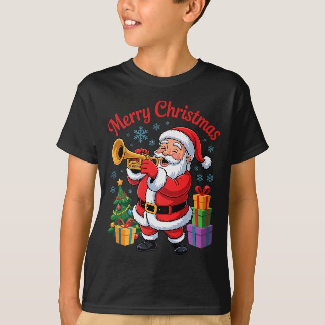 Camiseta Funny Santa Christmas Design Trumpet Holiday Xmas  (Anverso)