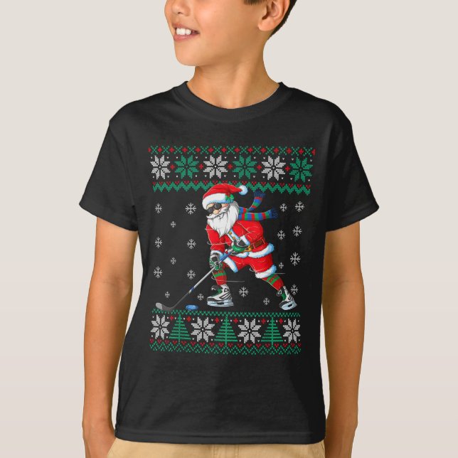 Camiseta Funny Santa Claus Christmas Ice Hockey Ugly Sweate (Anverso)