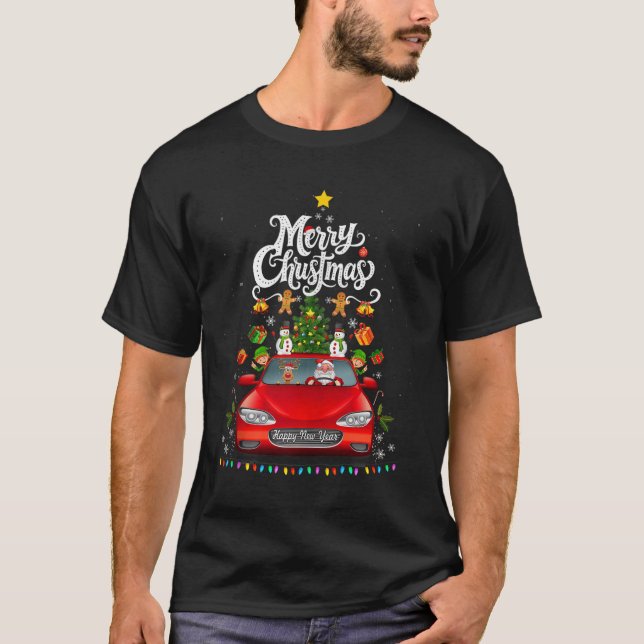 Camiseta Funny Santa Driving Wagon Red Truck Christmas Tree (Anverso)
