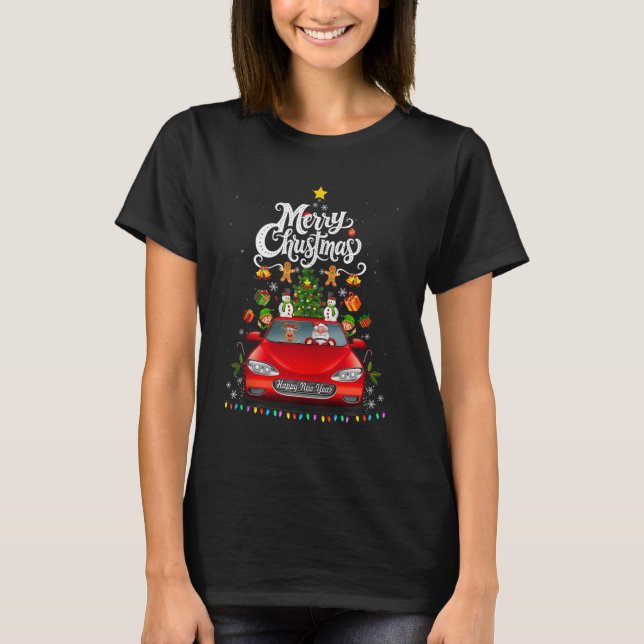 Camiseta Funny Santa Driving Wagon Red Truck Christmas Tree (Anverso)
