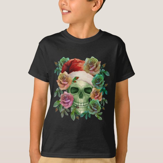 CAMISETA FUNNY SANTA GREEN SKULL Y FLORES DE NAVIDADES (Anverso)