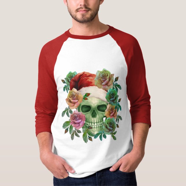 CAMISETA FUNNY SANTA GREEN SKULL Y FLORES DE NAVIDADES (Anverso)
