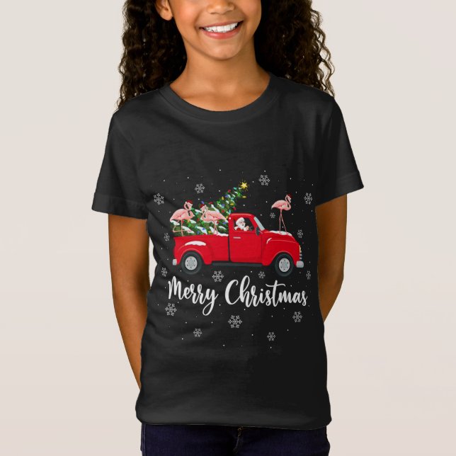 Camiseta Funny Santa Riding Christmas Tree Truck Flamingo C (Anverso)