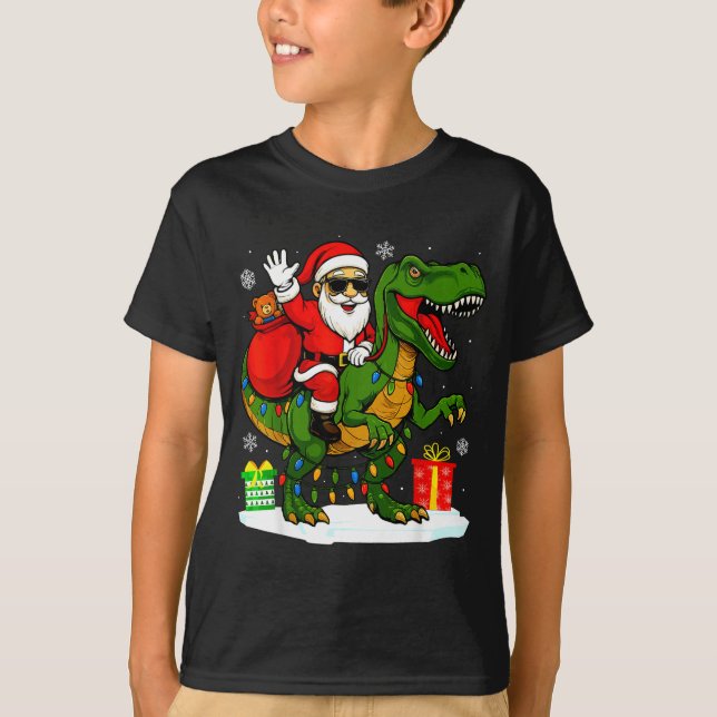 Camiseta Funny Santa Riding Dinosaur T Rex Christmas Santa  (Anverso)